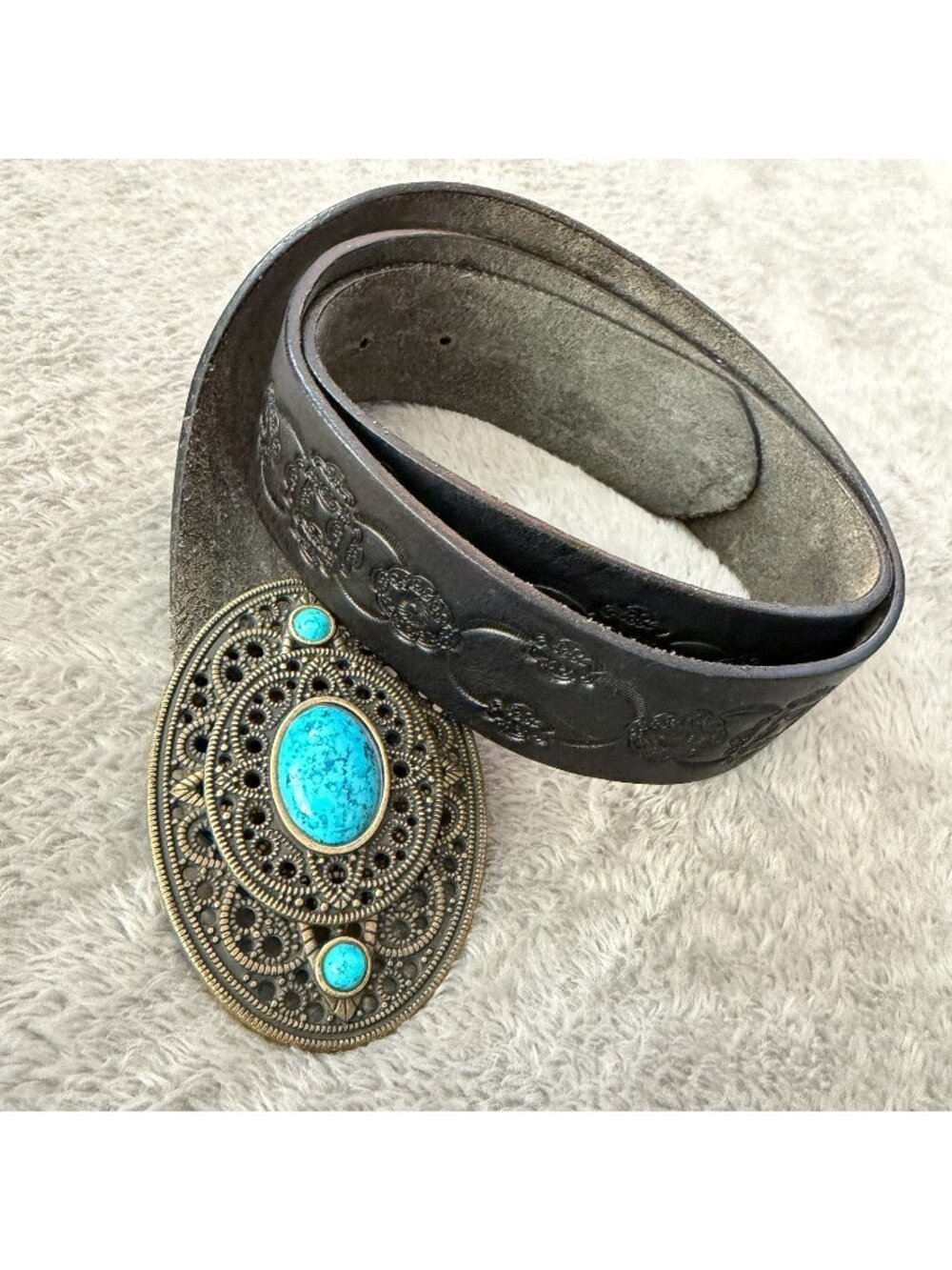 Vintage 90s Y2K Fossil Leather Black Tooled Belt Womens MEDIUM Buckle
